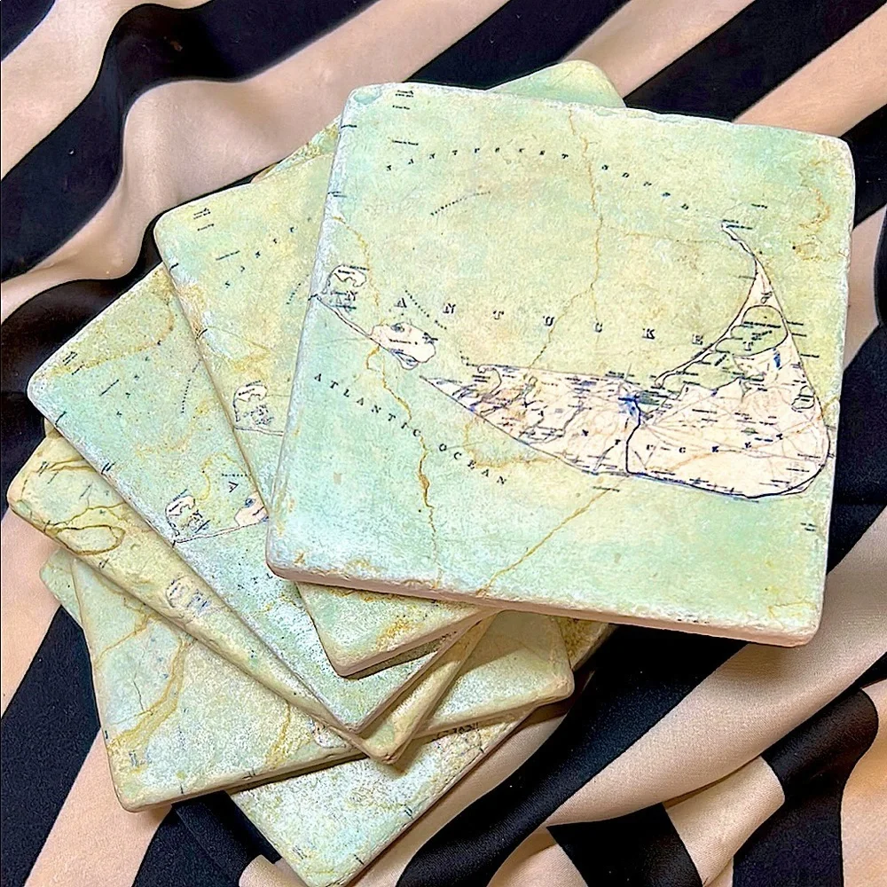 Vintage Nantucket Map Marble Coasters – Set of 6 | Aqua‎ Coastal Chic